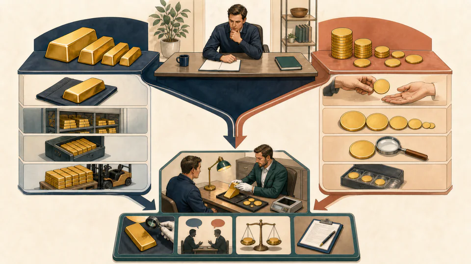 Editorial cutaway comparing a compact stack of gold bars with several divisible bullion coins, connected to storage and resale routes without depicting any official mint design.
