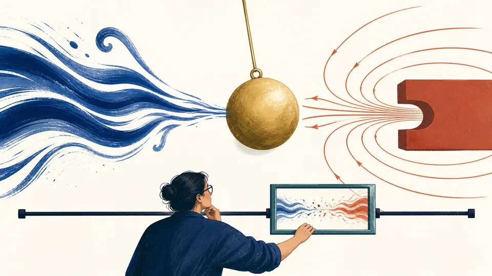 Editorial scene of a gold pendulum pulled by two different forces while a researcher moves an observation window along a track, showing that measured correlation depends on the selected sample.