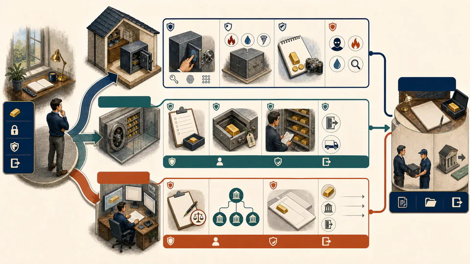 Editorial cutaway comparing home storage, a bank safe-deposit box and an allocated professional vault, with distinct access and exit routes.