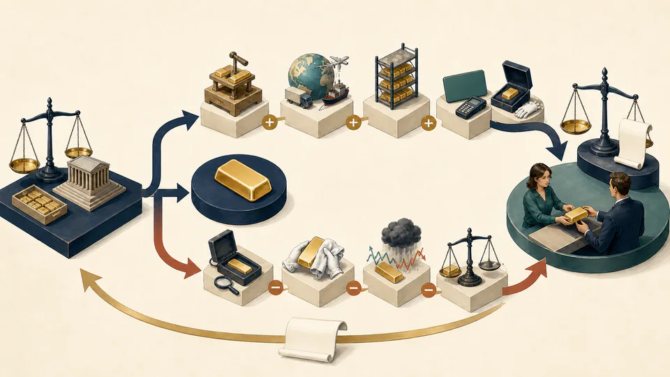 Editorial scene showing a wholesale gold reference branching to a dealer ask for a buyer and a lower dealer bid for a seller, with product and transaction costs between them.