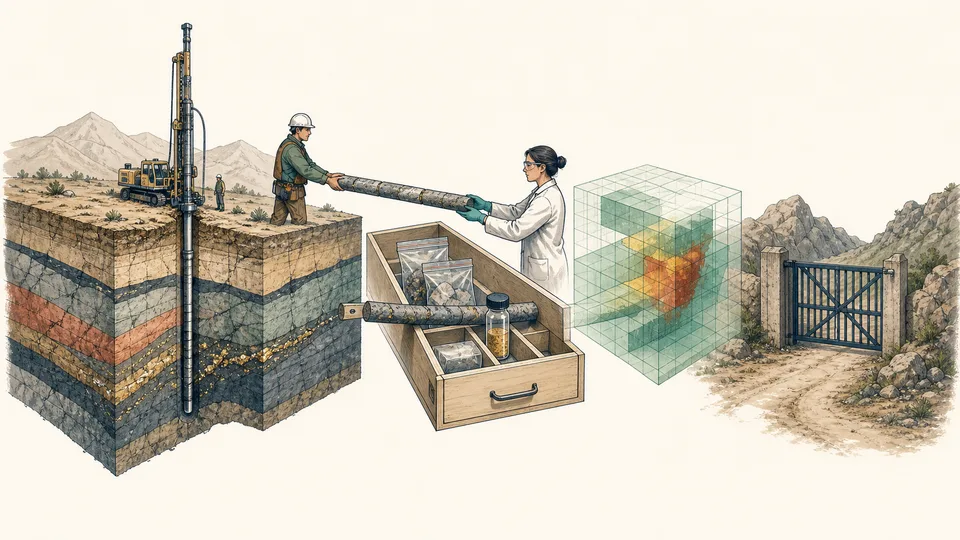 Cutaway evidence chain showing a drill core moving from field drilling through controlled sampling and laboratory review into a provisional block model, ending at a closed project gate.
