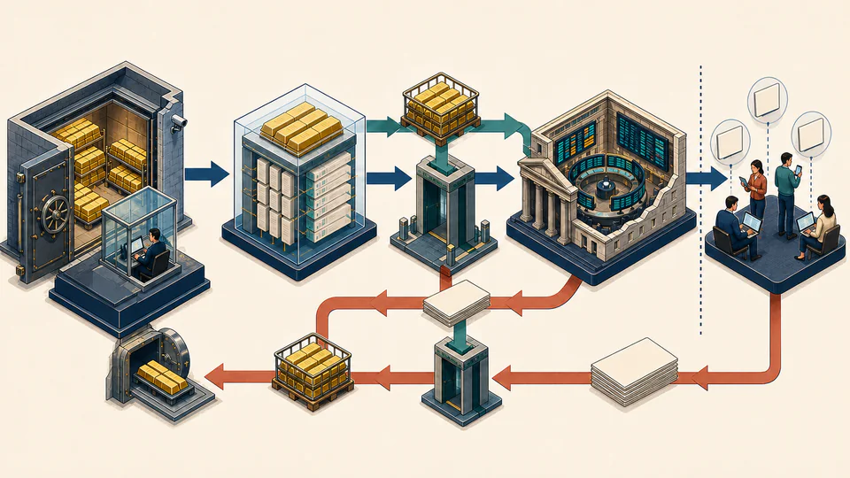 Editorial cutaway showing vaulted bullion held by a product, large creation and redemption baskets handled by institutions, and retail shares trading on an exchange.