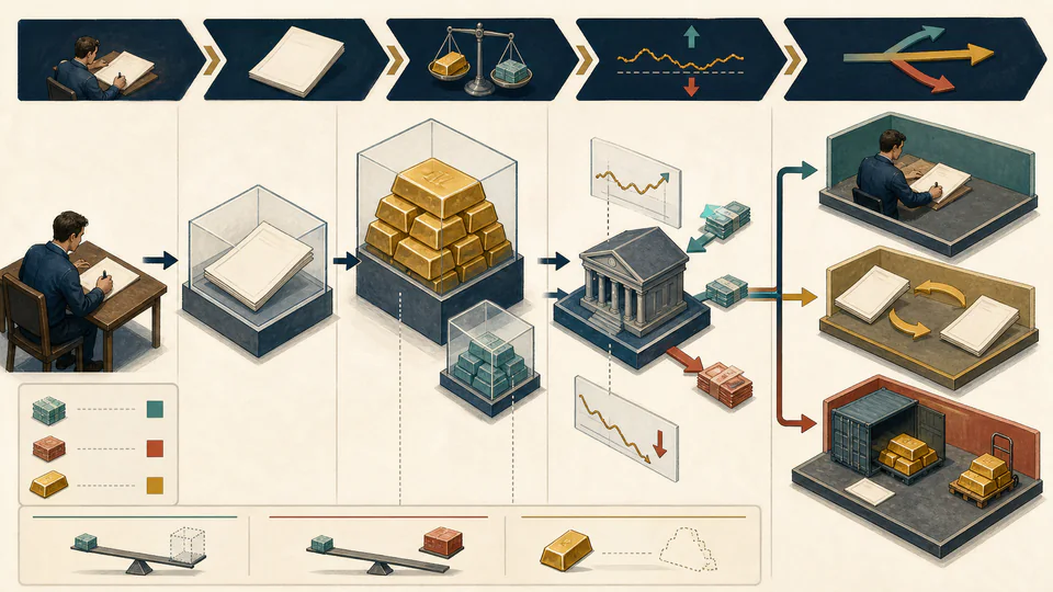 Editorial process scene following a gold futures position from contract selection through margin and daily settlement to close, roll or expiry.
