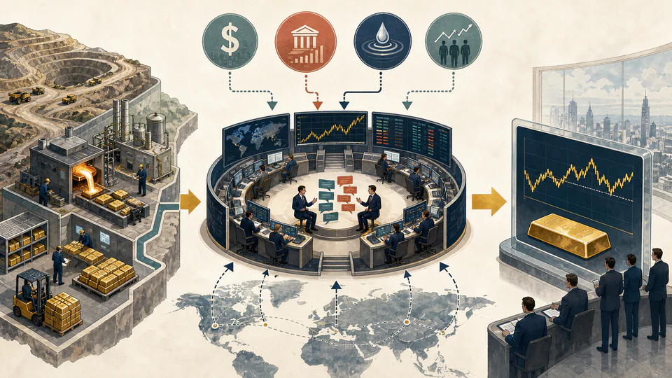 Editorial market map connecting wholesale gold trading, futures, exchange-traded products and regional physical demand to a shared price-discovery process.