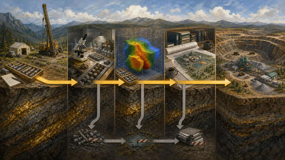 Schematic gold project lifecycle from field drilling and sample analysis through resource review, engineering and permitting to an operating mine and processing plant, with a separate stop branch for unresolved evidence or economics.