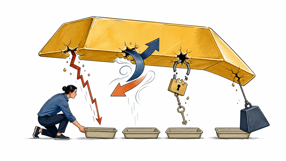 Editorial illustration of a gold-ingot shelter being penetrated by a falling price path, opposing currency arrows, a broken custody lock and a leverage weight while an investor catches each risk separately.