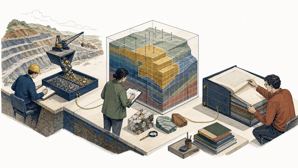 Editorial research table separating annual mine output measurement, an economically classified underground reserve block and a later source-edition revision ledger.