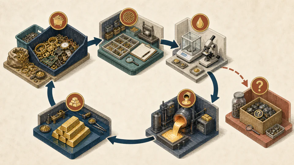 Editorial process scene following mixed gold-bearing scrap through sorting, representative sampling, assay, refining and recovered bullion output.