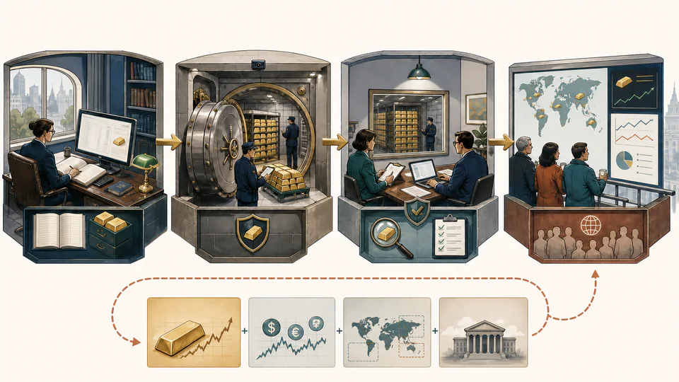 Editorial cutaway linking official gold ownership records, vaulted bars, custody evidence and public reserve reporting as separate parts of one reserve system.